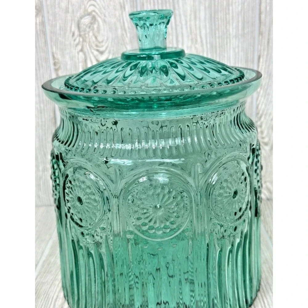 The Pioneer Woman Adeline Turquoise Pressed Glass Lidded Cookie Jar Embossed